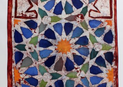 CRESCENDO, tehnica batik, mătase naturală Habotai 8mm, colorant reactiv, 250x90 cm, 2016